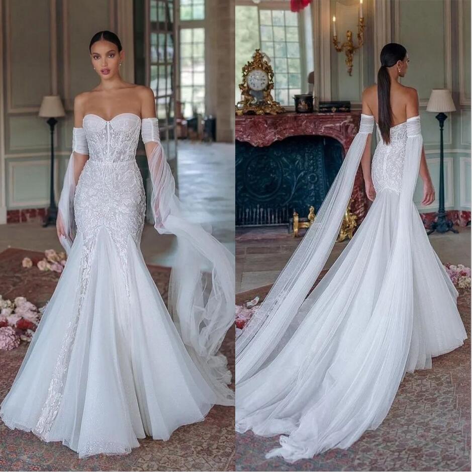 Princess Mermaid Wedding Dresses 2023 Off Shoulder Long Sleeve Vestido De Novia Lace Sequins SweepTrain Robe De Mariee