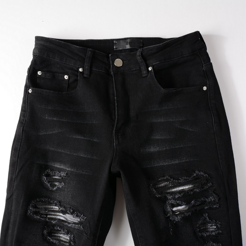 Men's Jeans Black Distressed Streetwear Style Tie Dye Bandana Ribs Patch Skinny Stretch Holes Slim Fit High Street Ripped 230330