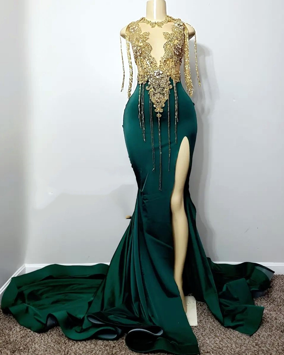 2023 Arabic Aso Ebi Hunter Green Prom Dress Mermaid Lace Beaded Evening Formal Party Second Reception Birthday Engagement Gowns Dresses Robe De Soiree