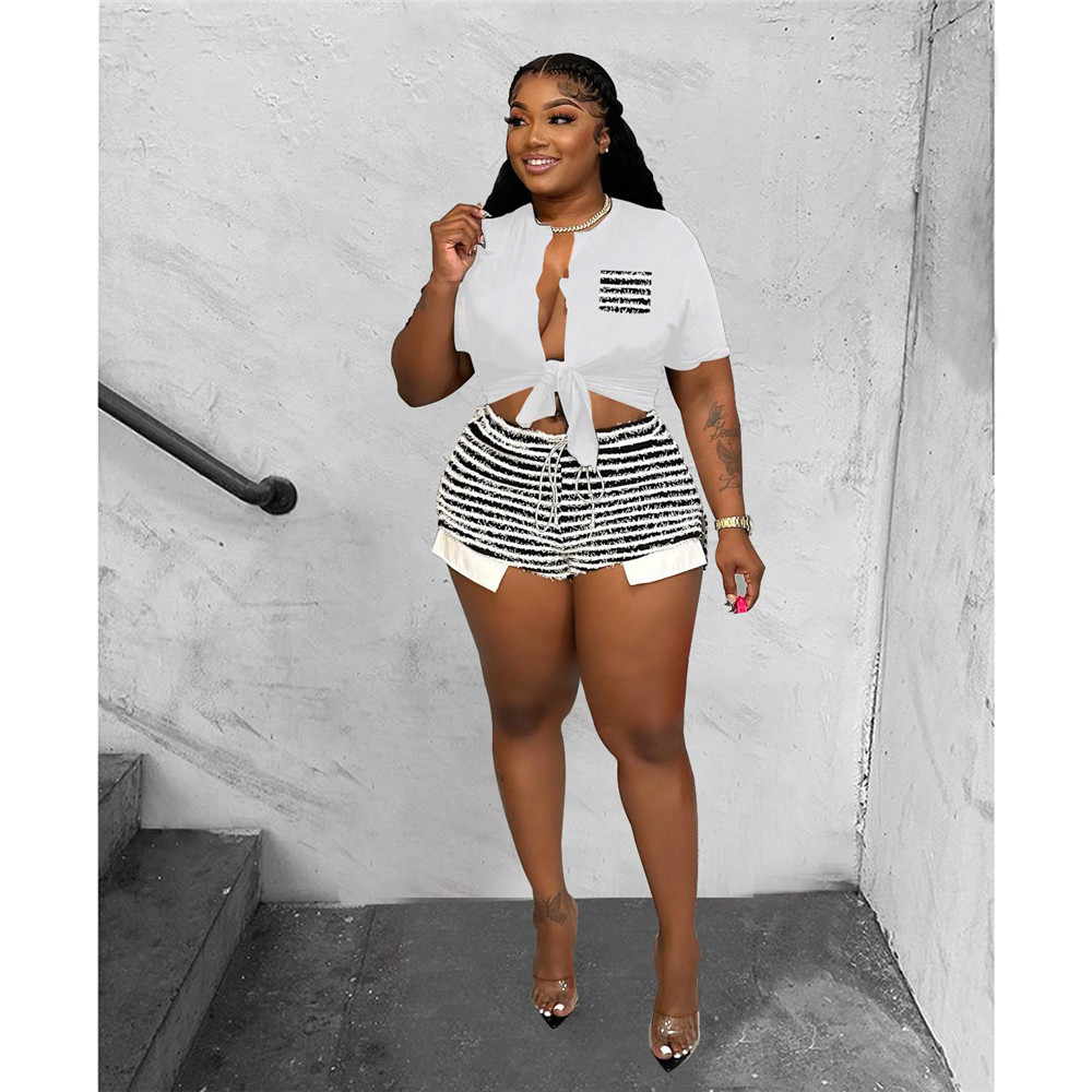 2023 Designer Summer Tracksuits Two 2 Piece Sets Women Outfits Short Sleeve Bandage Shirt and Striped Shorts Matching Sportswear Jogger Suits Wholesal