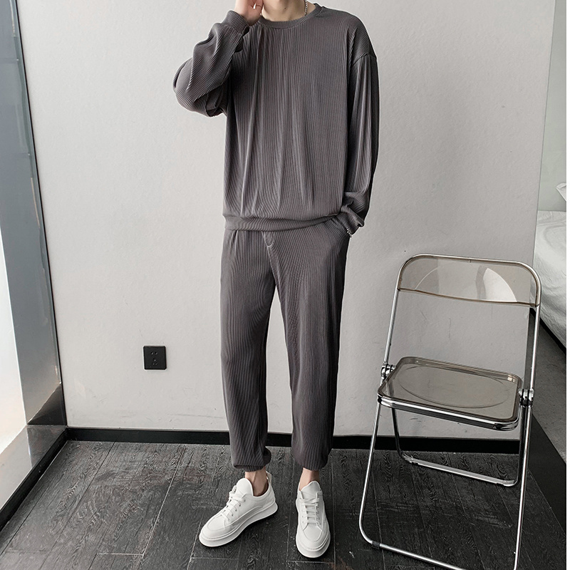 Men's Tracksuits Black/Grey/Purple Pleated Set Men's Fashion Elastic Loose Long Sleeve T-shirt Trousers Two Piece Korean Loose Men's Ic