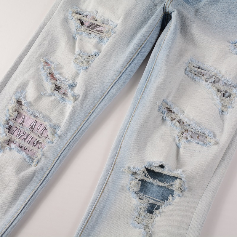 Men's Jeans Light Blue Slim Fit Streetwear Fashion Style Distressed Skinny Stretch Destroyed Hole Tie Dye Bandana Patches Ripped 230330