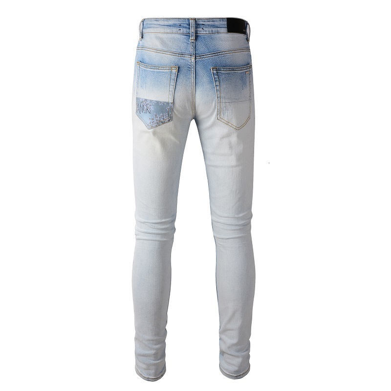 Men's Jeans Light Blue Slim Fit Streetwear Fashion Style Distressed Skinny Stretch Destroyed Hole Tie Dye Bandana Patches Ripped 230330