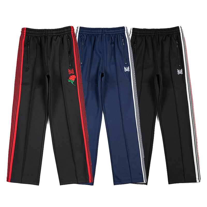 Mens Pants AWGE Needles Hip Hop Top Quality Butterfly Embroidery Track Sweatpants Japan Classic Stripe Joggers Trousers 230329