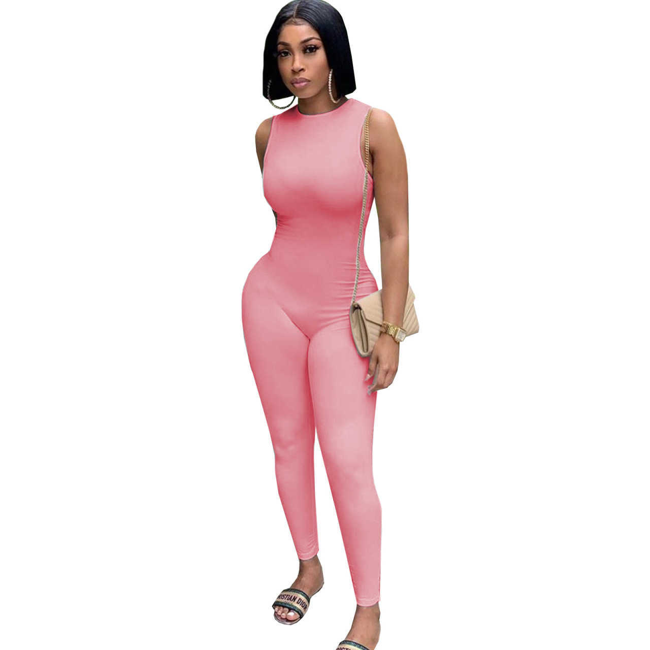 Women's Summer jumpsuits amp rompers New Fashion Solid Elastic Milk Silk Sleeveless Round Neck Sports Yoga Bodysuit