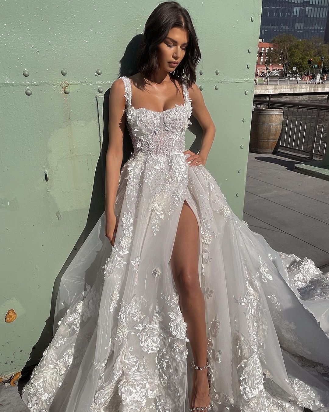 Elegant A-line Boho Wedding Dress with 3D Floral Appliques, Pearl Bodice, Thigh Slit, and Backless Design