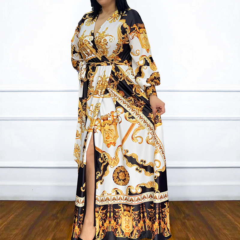 Plus size Dresses Autumn Female Clothing Personality Street VNeck Diamond Print Long Sleeve Loose Bandage Pullover Size FloorLength 230330