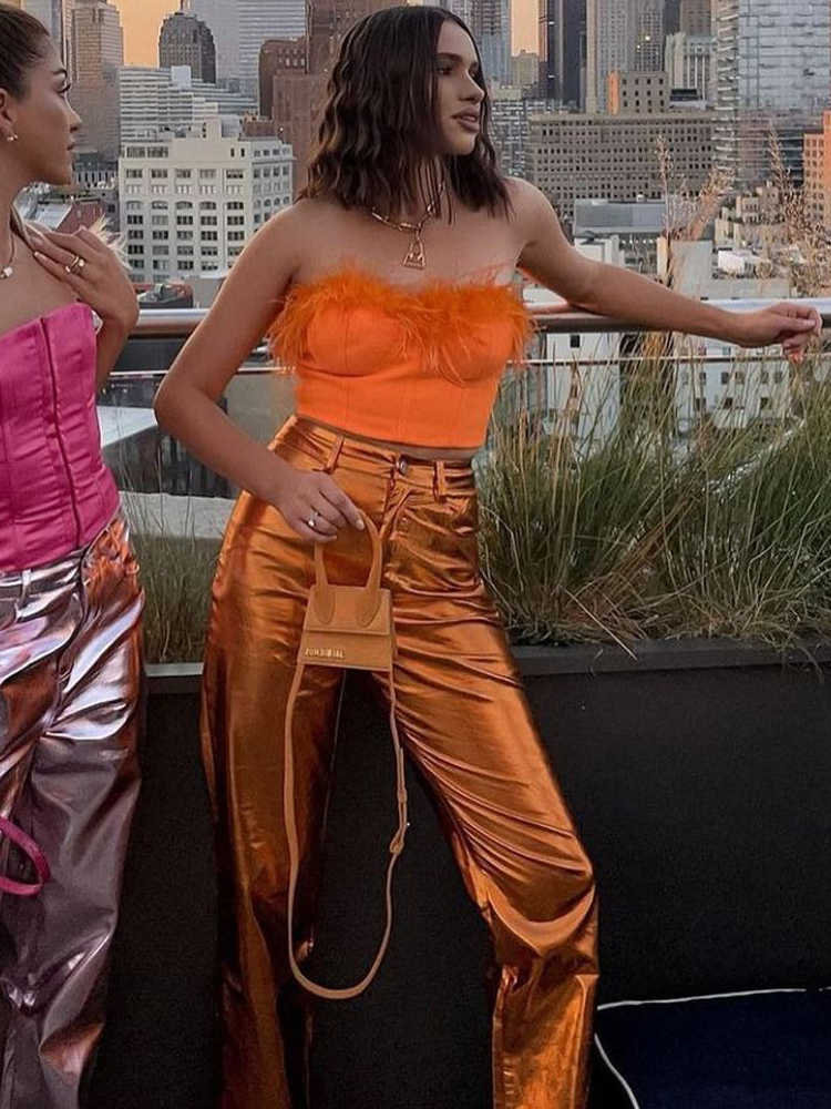 Women Fashion Metallic Straight-Leg Pants Sparkling Elastic Waist Trousers Streetwear Clubwear Costumes 2023 Spring Fall