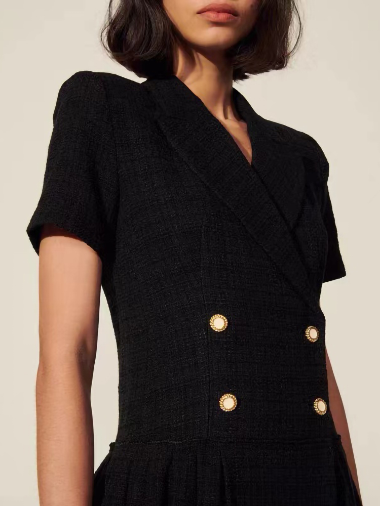 Casual Dresses Sandr* Spring Autumn A-line Dress For Women Classic Retro Tweed Solid Color Double-breasted Short-sleeved Suit Collar Skirts 230331
