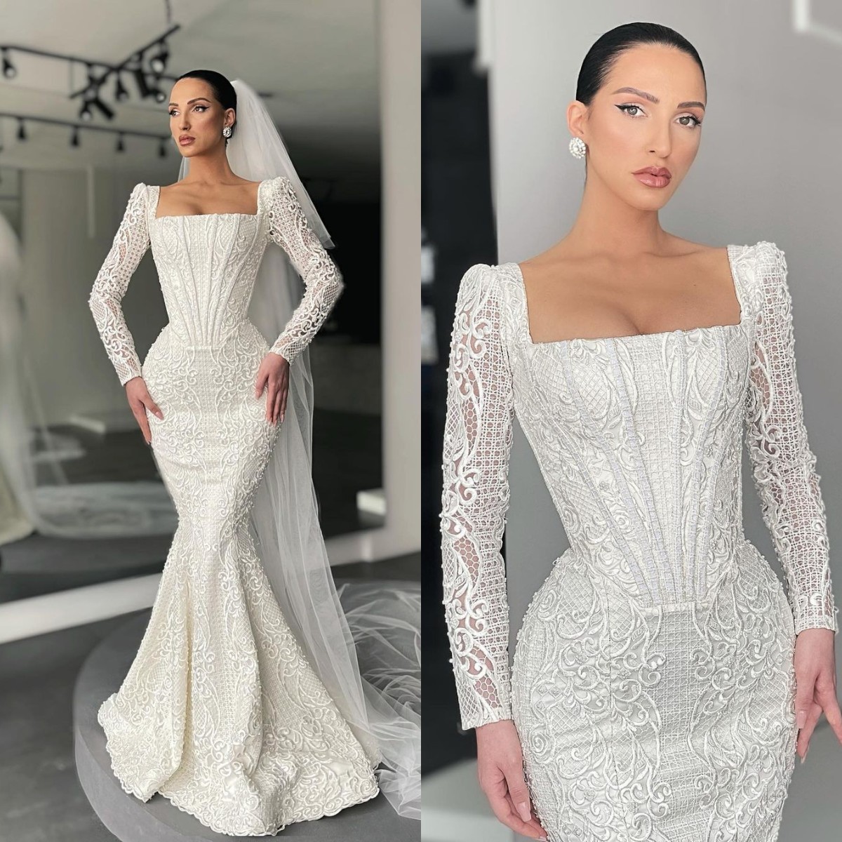 Elegant Lace Mermaid Bridal Gown With Long Sleeves, Square Neckline And Floor-Length Design