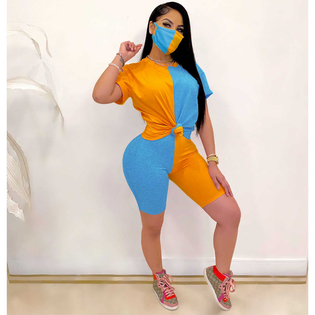 Designer women's spring and summer short sleeve shorts patchwork suit color contrast tight casual suit with mask