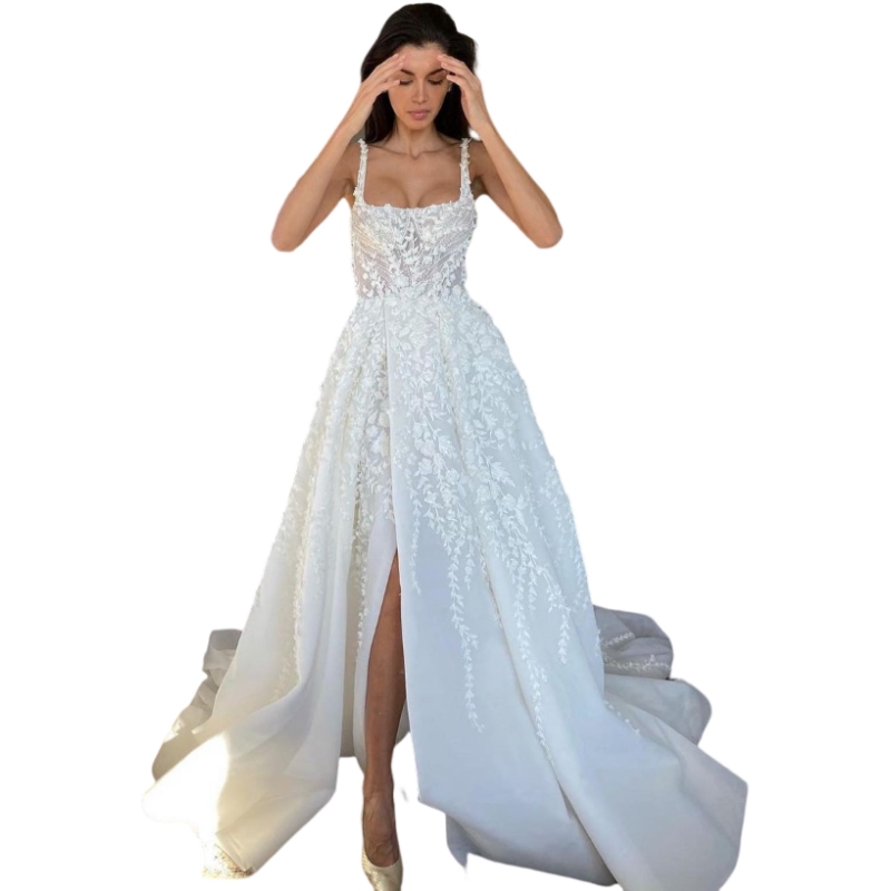Straps Boho A Line Dresses For Bride Square Neck Appliques Wedding Dress Vestidos De Novia Front Slit Designer Bridal Gowns 0515