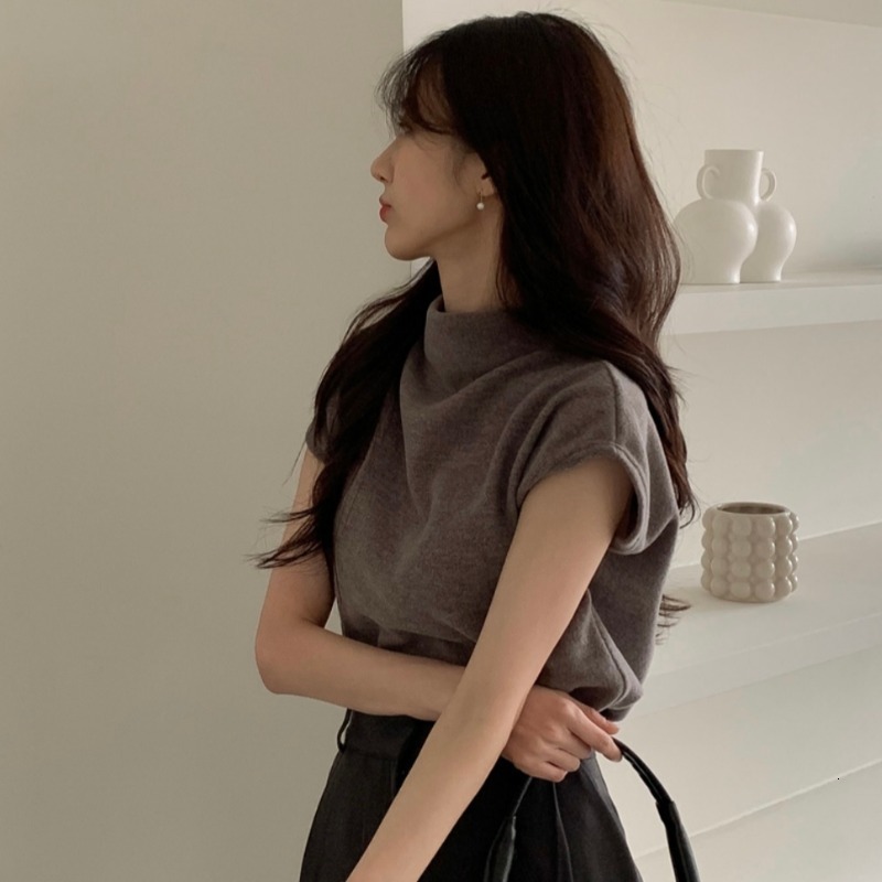 Women's T-Shirt Simple Gentle Grey Half Turtleneck T-shirt Short Sleeve Top Slim Crop Y2k Clothes Pink Shirts for Women Knit Tee Ropa De Mujer 23