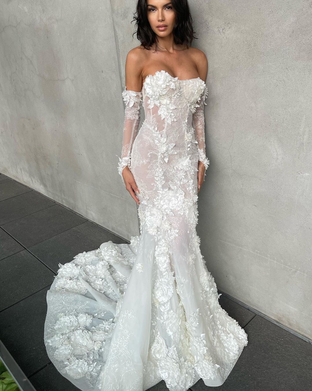 Sleeves Long Mermaid Dresses For Bride D Ral Appliques Lace Wedding Dress Button Back Bridal Gowns