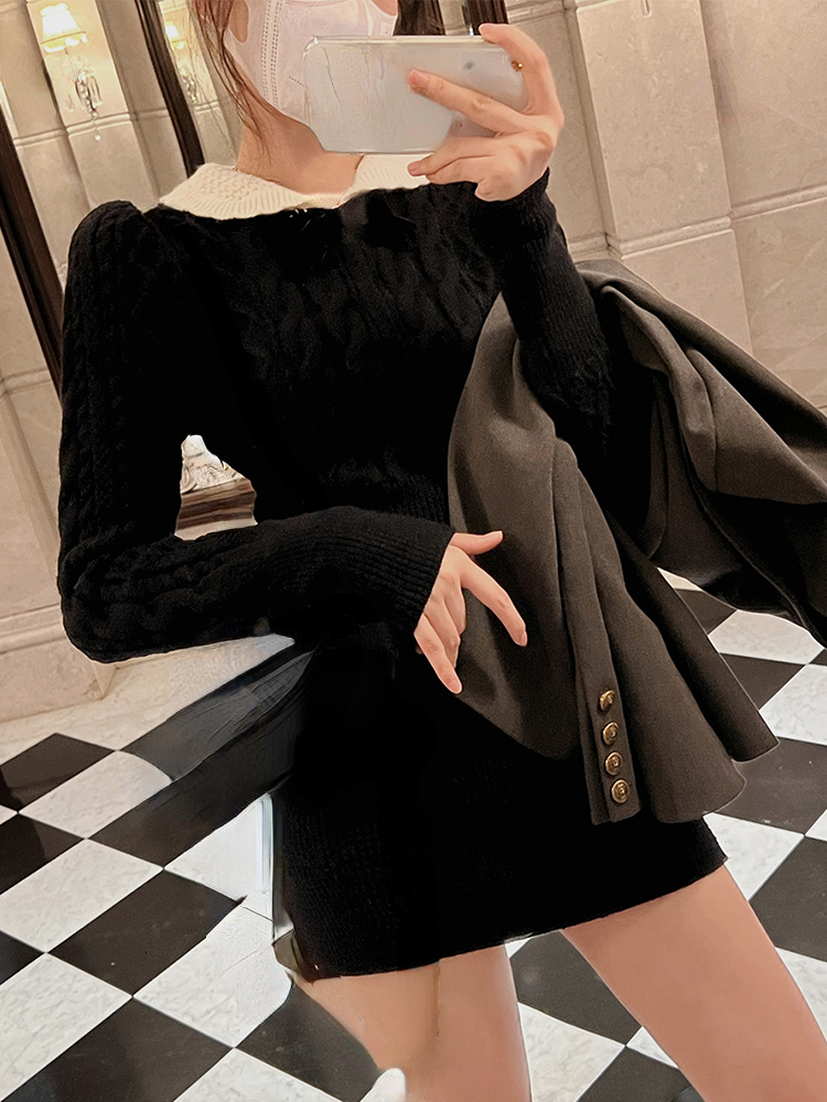 Casual Dresses Autumn Korean Suit Sexy Bodycon Mini Skirt Long Sleeve Solid Short Sweater Woman Knitted 2 Piece Dress Set Retro Casual 230331