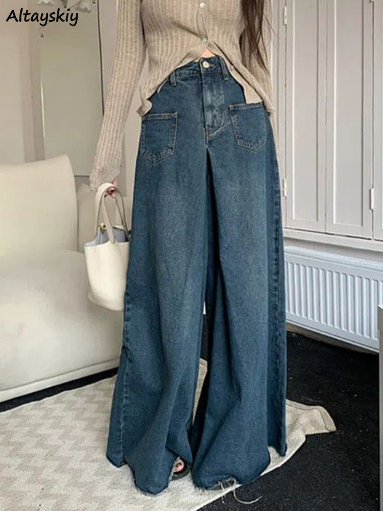 Women's Jeans S4XL Jean Vintage Loose High Waist Elegant Streetwear Chic Wide Leg Korean Style Fashion Allmatch Autumn Retro Blue 230330