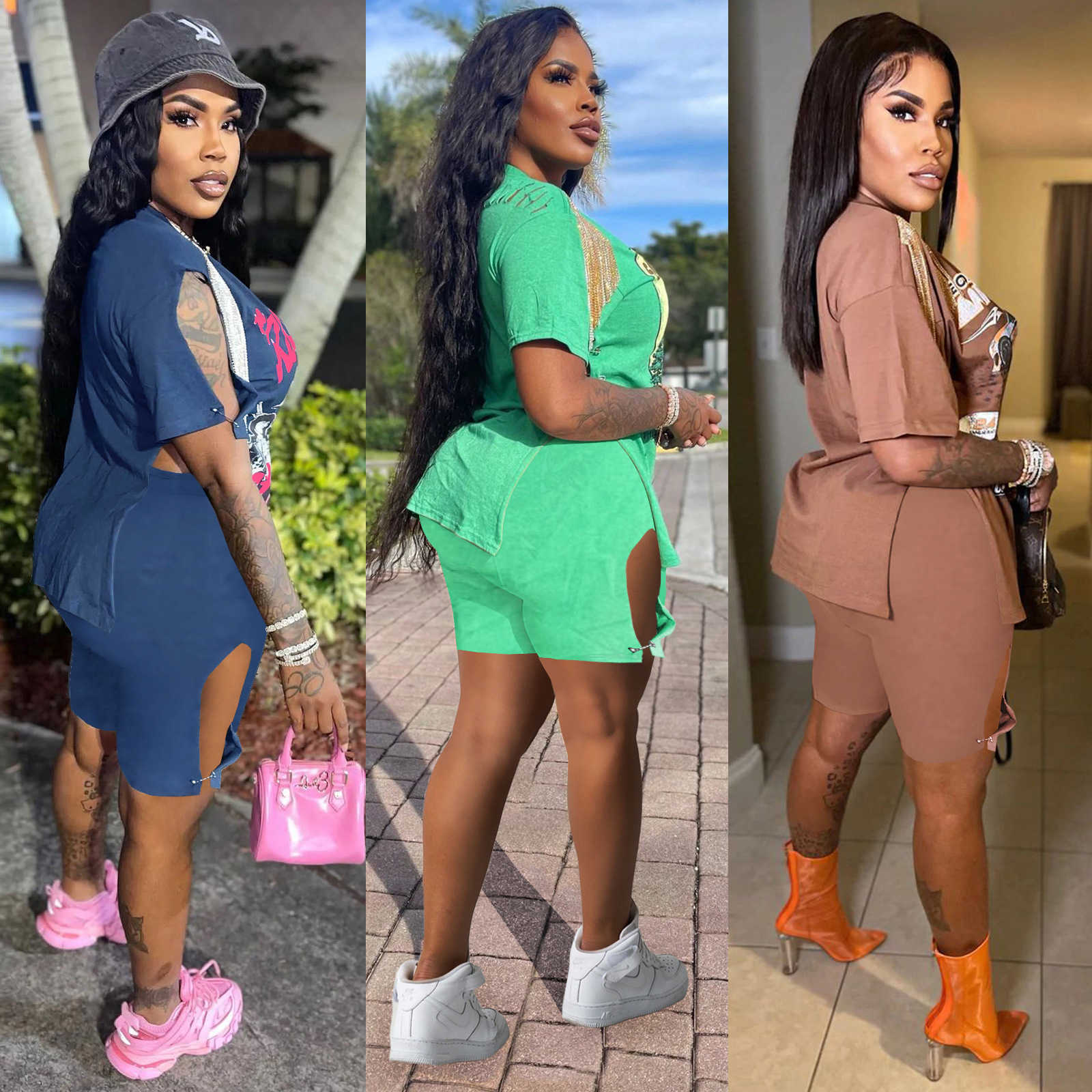 women's summer new print hip hop Street split tassel short sleeve T-shirt Shorts Set
