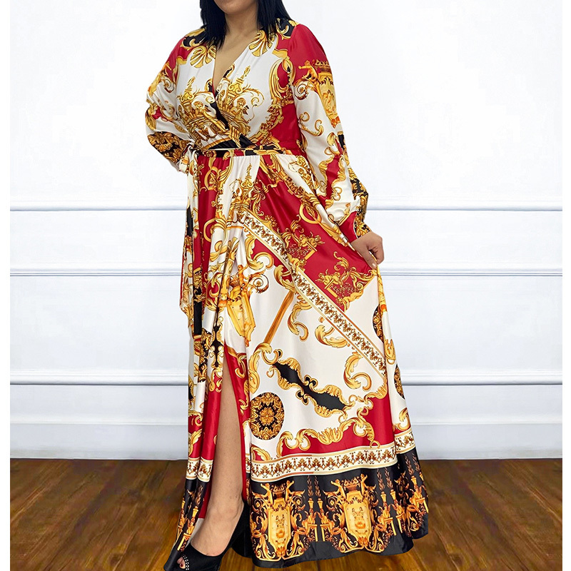 Plus size Dresses Autumn Female Clothing Personality Street VNeck Diamond Print Long Sleeve Loose Bandage Pullover Size FloorLength 230330