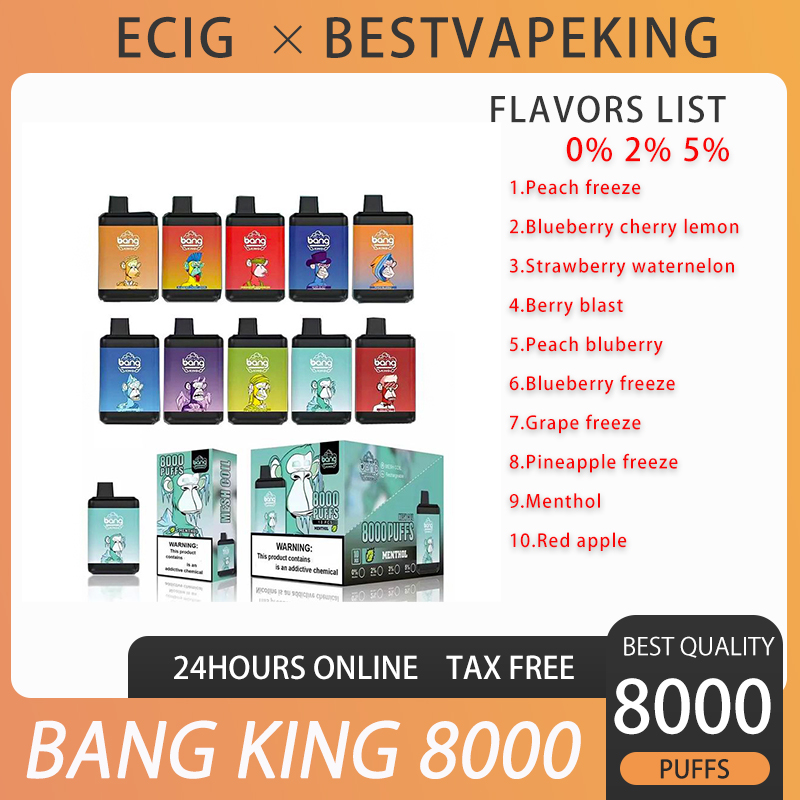 Bang King 8000 Puffs Disposable E Cigarette Rechargeable Vape Pen Device 650mah 15ml Cartridges pod Mesh Coil 10 Flavors 0% 2% 3% 5%
Bang King 8000 Puffs Disposable E Cigarette Rechargeable Vape Pen Device 650mah 15ml Cartridges pod Mesh Coil 10 Flavors 0% 2% 3% 5%