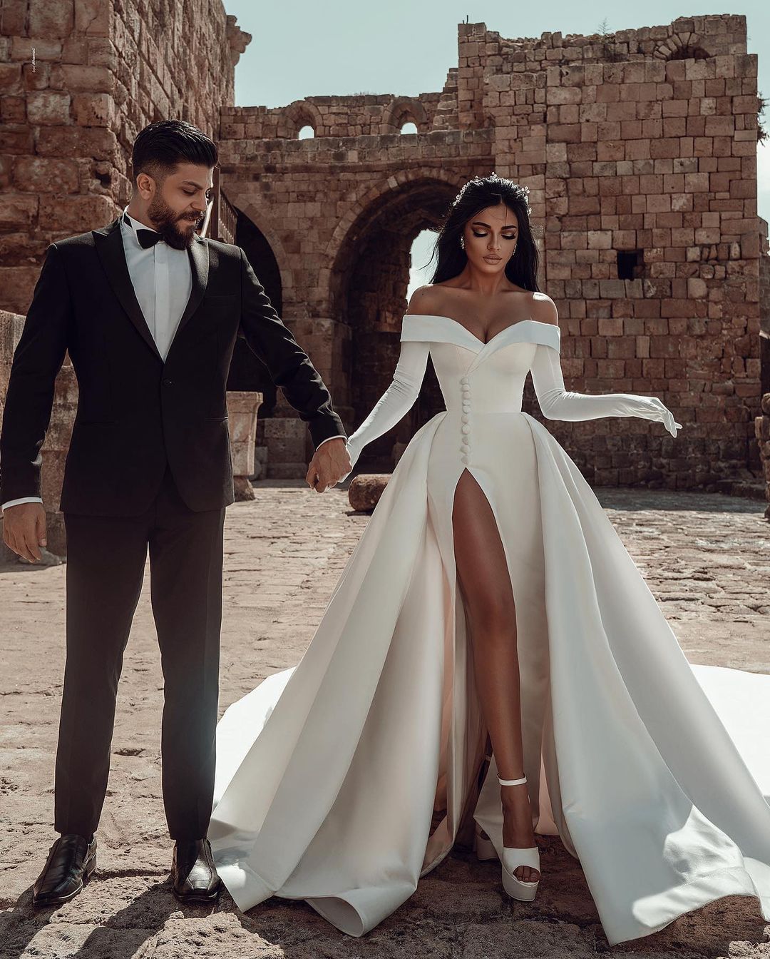 Off-Shoulder Satin Wedding Dress With Buttons And Thigh-High Slit Overskirt
