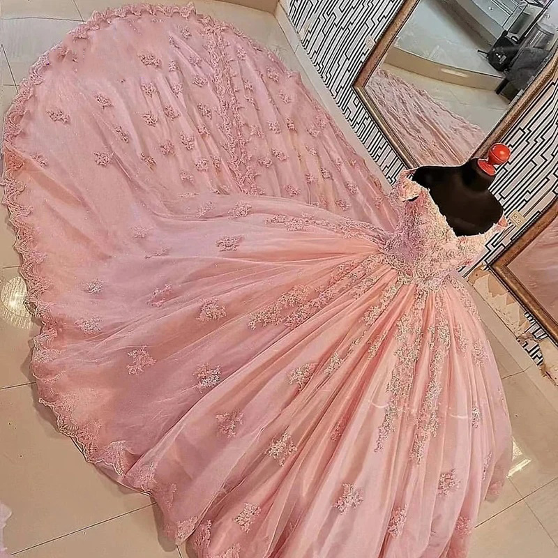 Pink Lace Applique Quinceanera Dresses Ball Gown Off Shoulder Masquerade Mexican Year Old Sixteen Sweet Prom Dress 6660306
