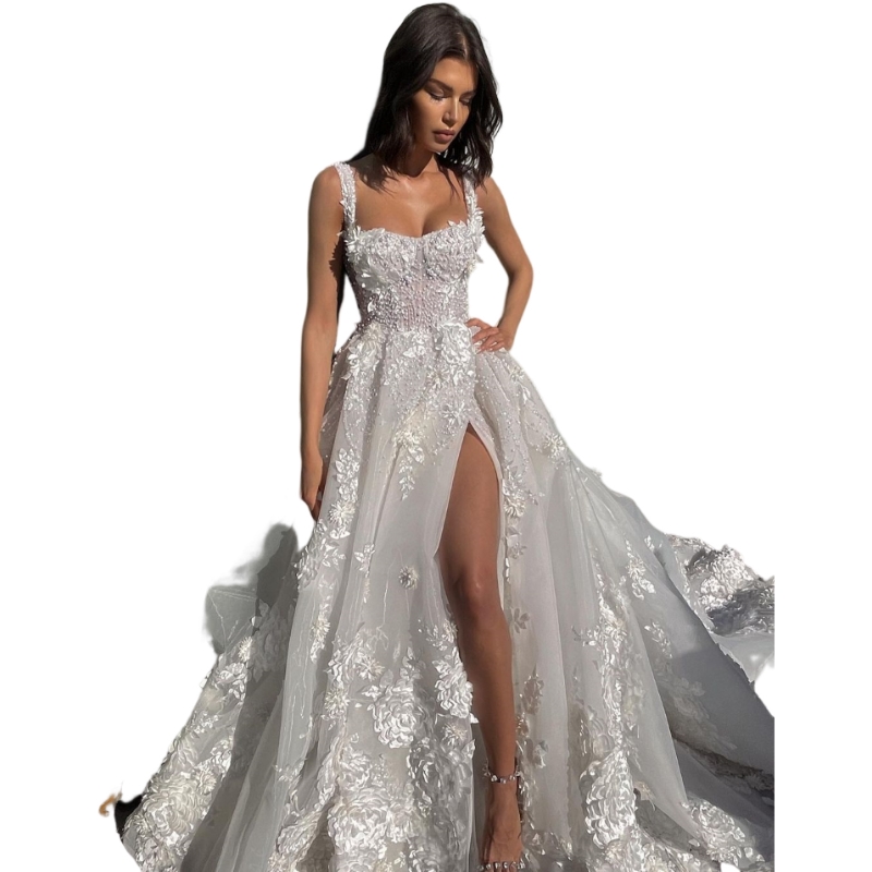 Elegant A-line Boho Wedding Dress with 3D Floral Appliques, Pearl Bodice, Thigh Slit, and Backless Design