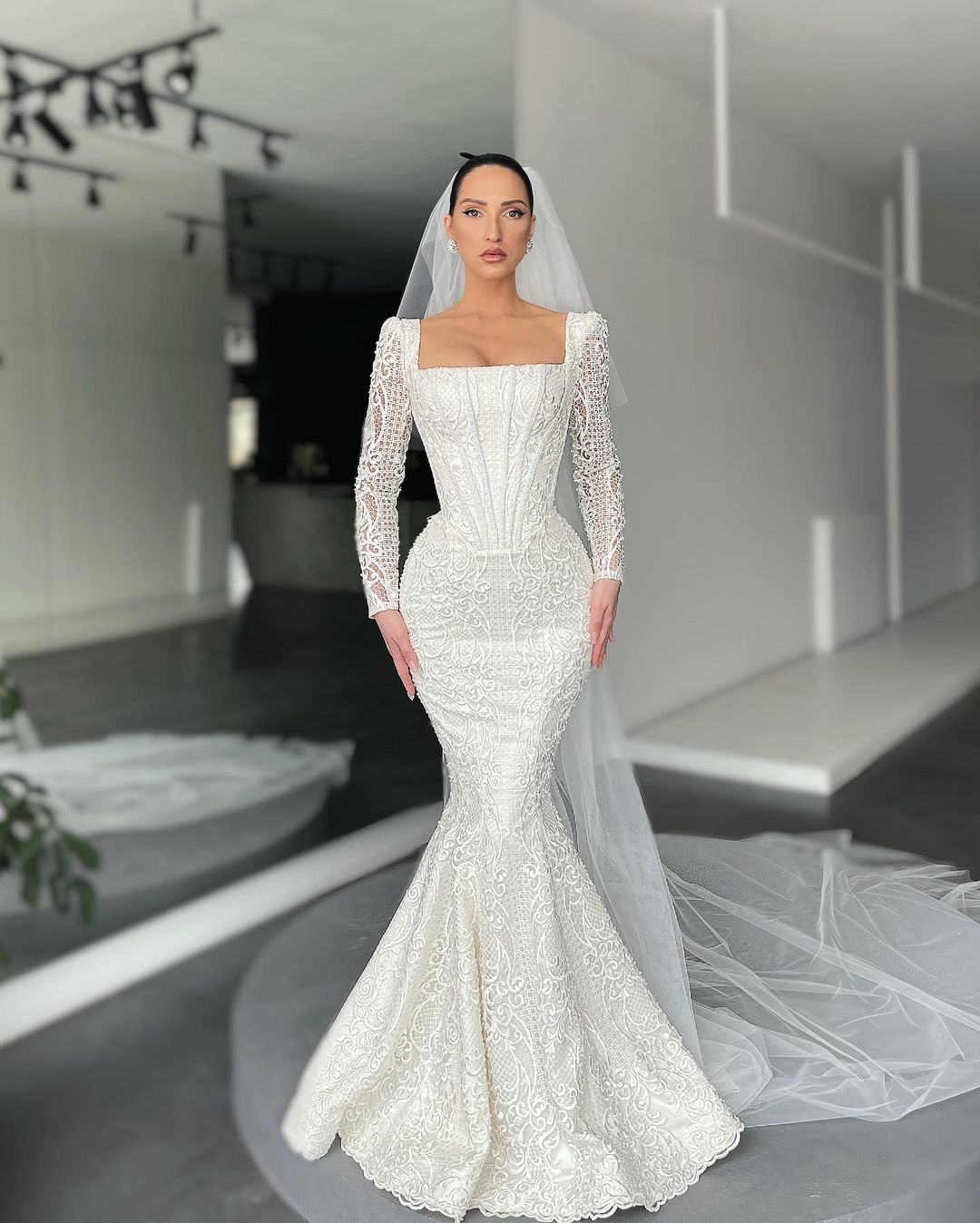 Elegant Lace Mermaid Bridal Gown With Long Sleeves, Square Neckline And Floor-Length Design