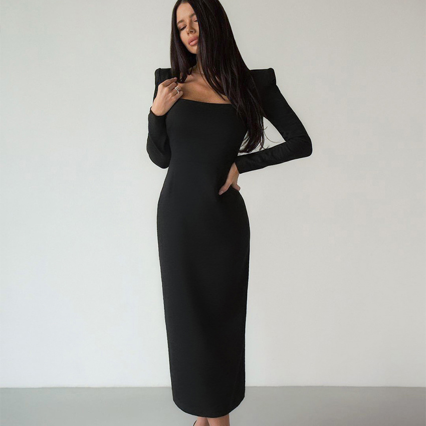 fashion bodycon dress stretch square neck long sleeve party dresses women spring slender split midcalf sexy 2023 elegant clothes
