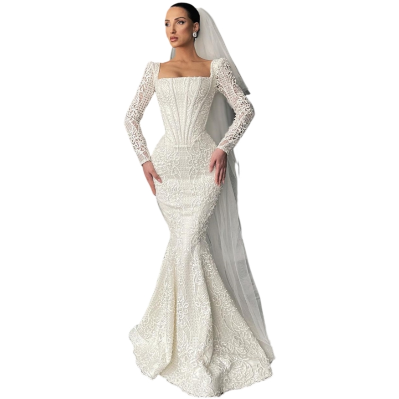 Elegant Lace Mermaid Bridal Gown With Long Sleeves, Square Neckline And Floor-Length Design