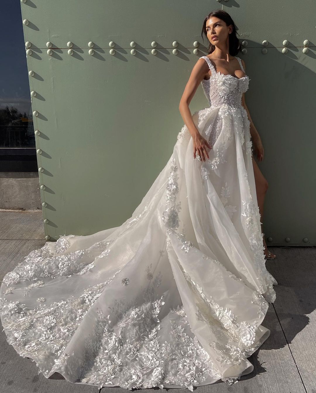 Elegant A-line Boho Wedding Dress with 3D Floral Appliques, Pearl Bodice, Thigh Slit, and Backless Design