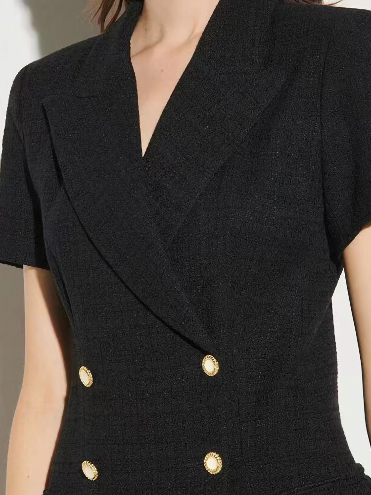 Casual Dresses Sandr* Spring Autumn A-line Dress For Women Classic Retro Tweed Solid Color Double-breasted Short-sleeved Suit Collar Skirts 230331