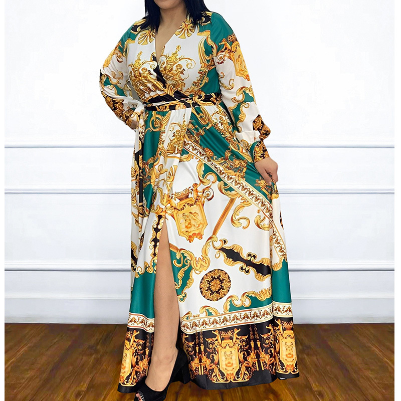 Plus size Dresses Autumn Female Clothing Personality Street VNeck Diamond Print Long Sleeve Loose Bandage Pullover Size FloorLength 230330