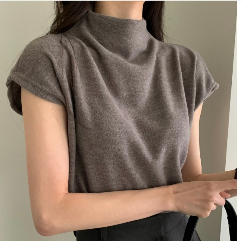 Women's T-Shirt Simple Gentle Grey Half Turtleneck T-shirt Short Sleeve Top Slim Crop Y2k Clothes Pink Shirts for Women Knit Tee Ropa De Mujer 23