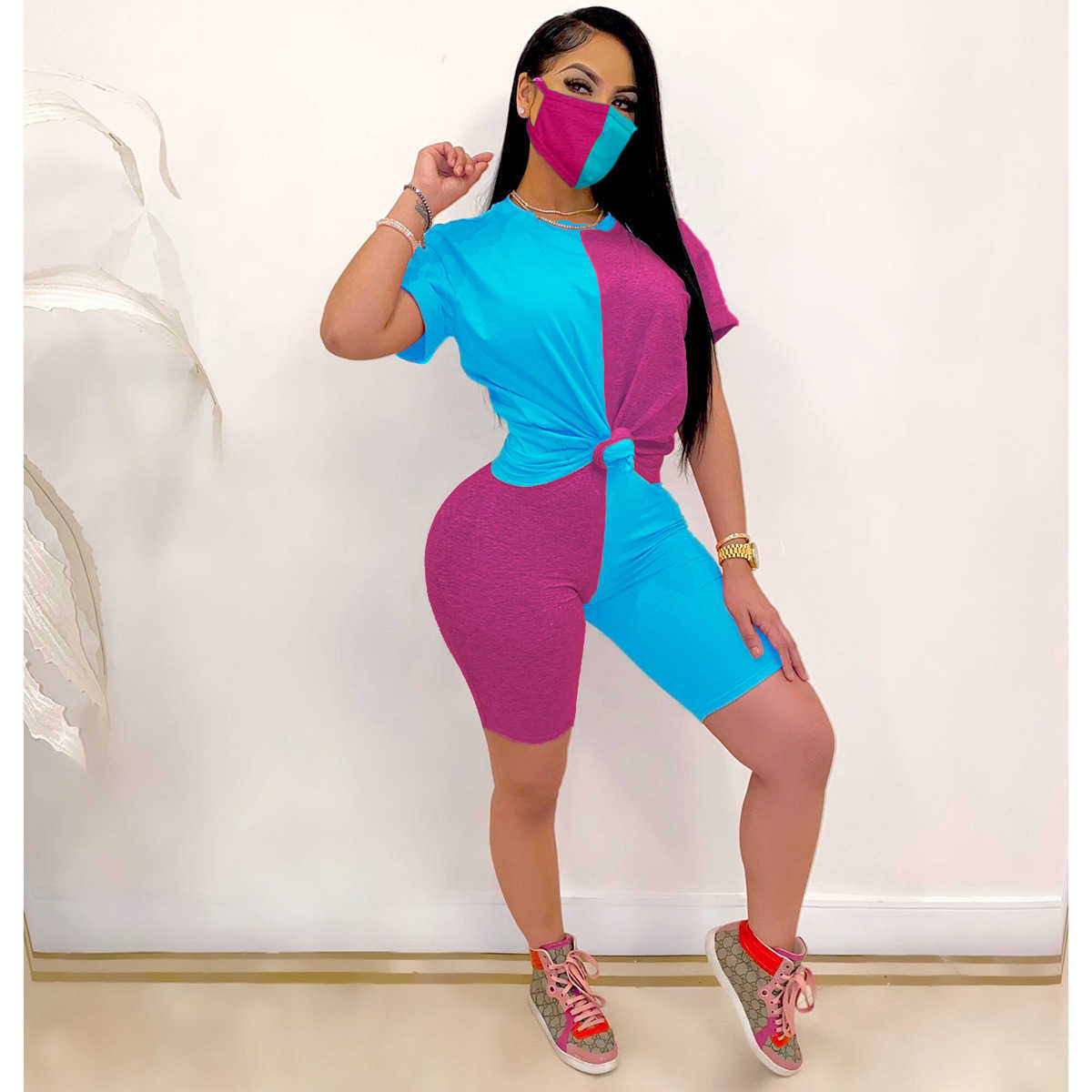 Designer women's spring and summer short sleeve shorts patchwork suit color contrast tight casual suit with mask