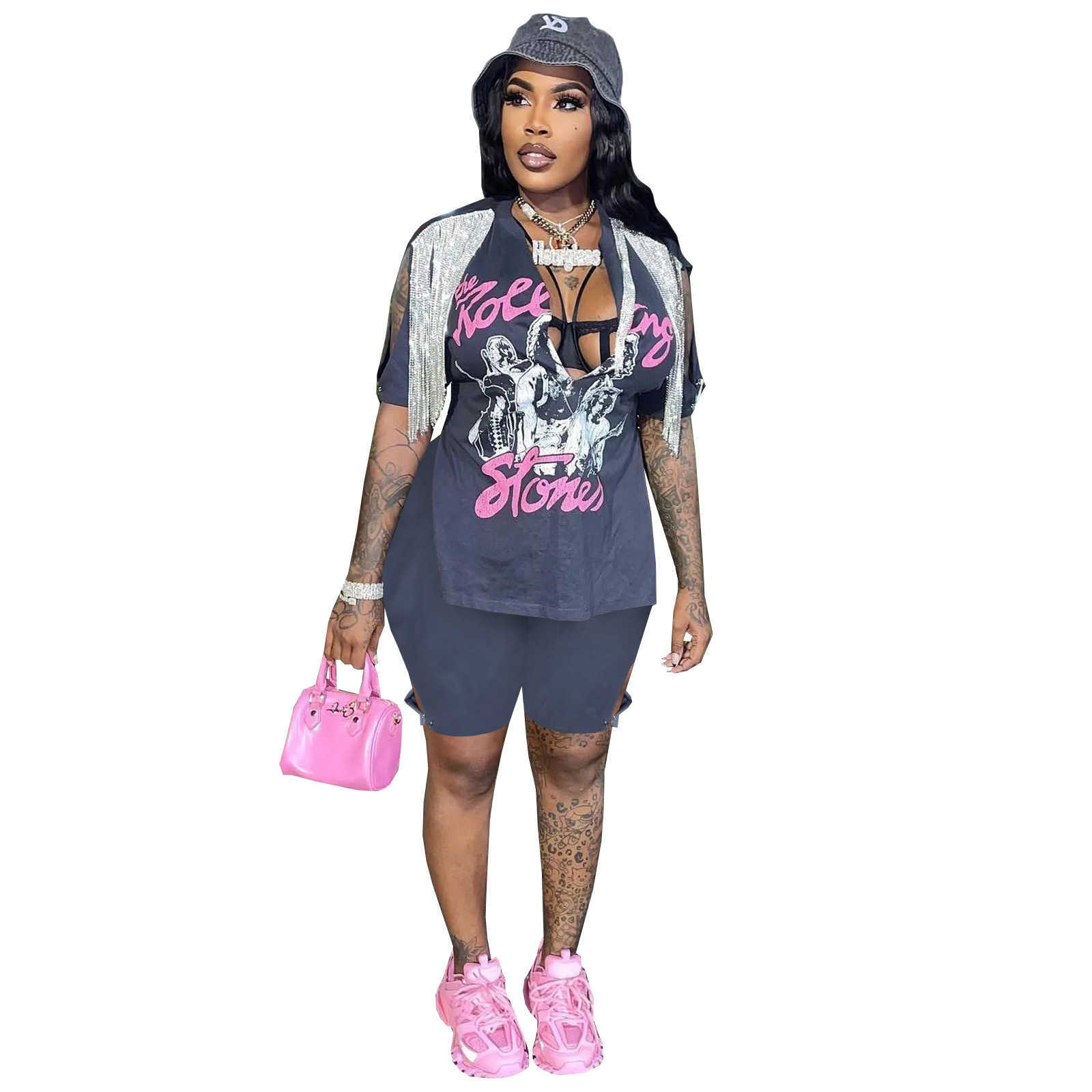 women's summer new print hip hop Street split tassel short sleeve T-shirt Shorts Set