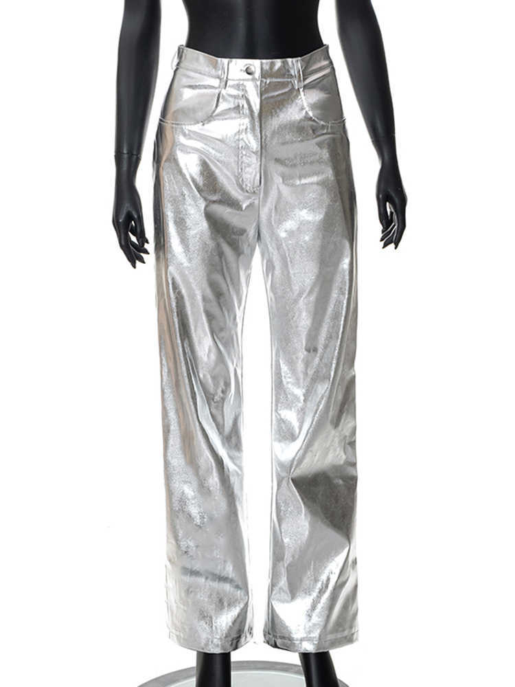 Women Fashion Metallic Straight-Leg Pants Sparkling Elastic Waist Trousers Streetwear Clubwear Costumes 2023 Spring Fall