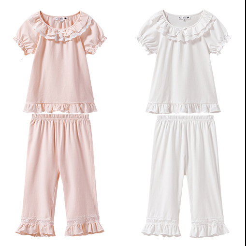 Pajamas 2 Color Summer Girls' Lolita Cotton Lace Pajama Set. Toddler Baby Short Sleeve Pajama Set Cute Pajamas. Children's Clothing 230331