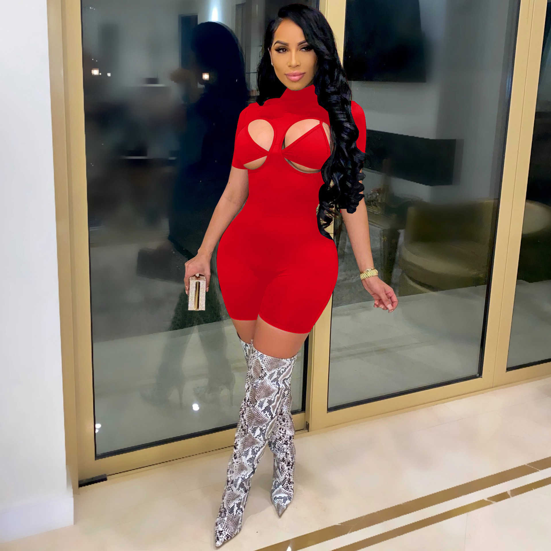 Designer women's spring/summer jumpsuit short sleeved tight underwear round neck high collar wearing short sleeved Jumpsuit