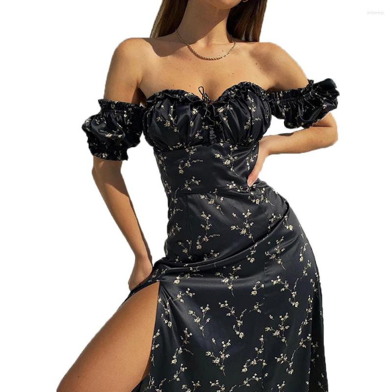 Casual Dresses Y2K Printed Summer Floral Off Shoulder Puff Sleeve Maxi Dress Elegant Vintage Woman Lace Up Summer Beach Sleeveless Girls Long Women