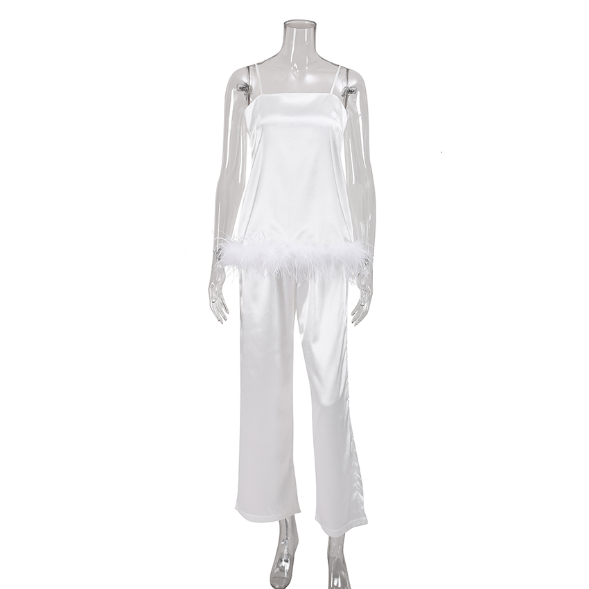 Women's Sleepwear Hiloc Chic Satin Pajamas With Feathers Women Sets Pants Black Spaghetti Strap Home Suit White Trouser Suits 230330