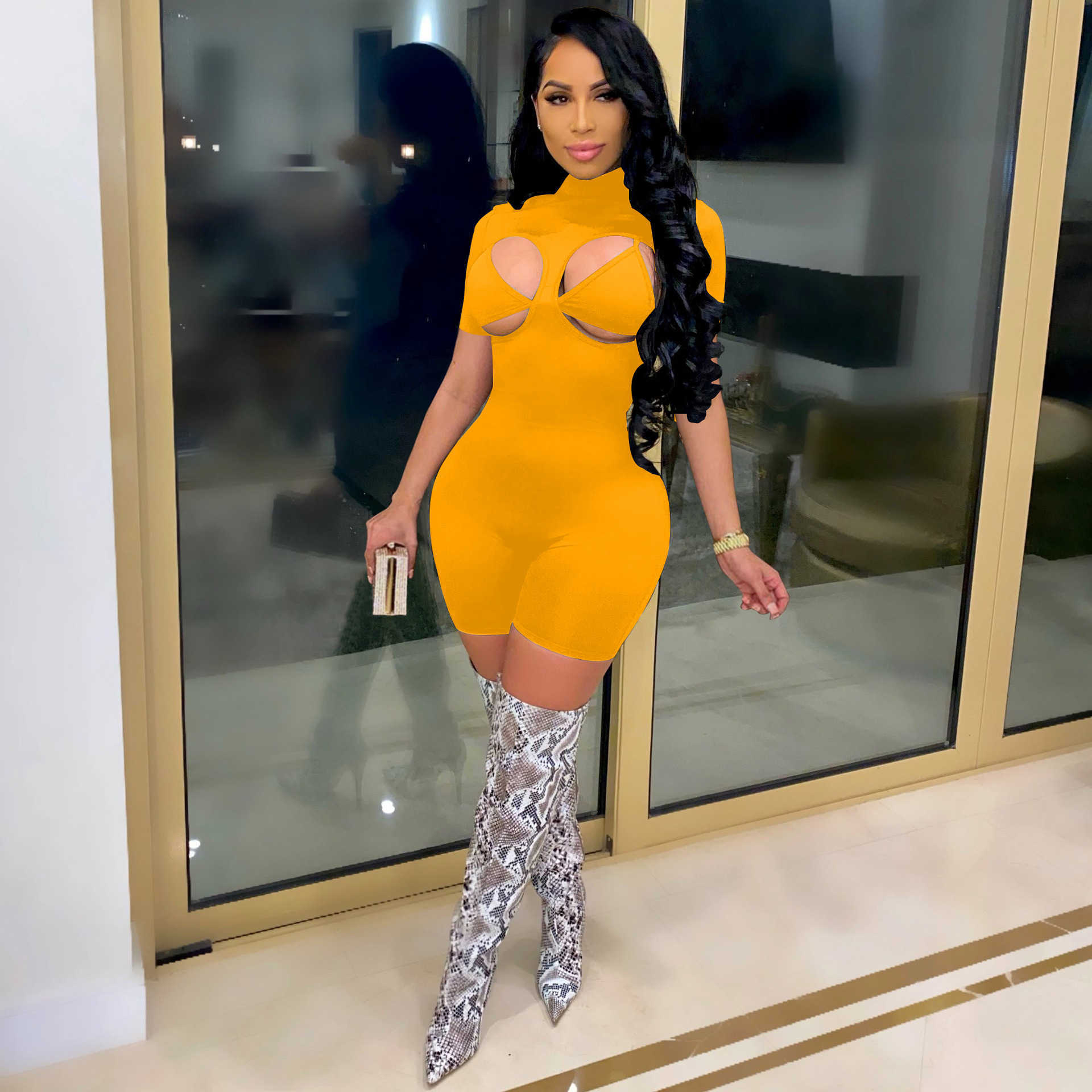 Designer women's spring/summer jumpsuit short sleeved tight underwear round neck high collar wearing short sleeved Jumpsuit