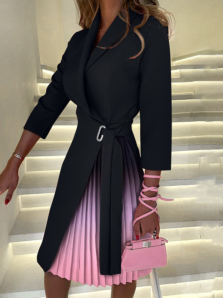 Casual Dresses Fashion Long Sleeve Pleated Lace Up Suit Dress Women Autumn Office Print Elegant Ladies Dresses For Women Robe Femme 230331