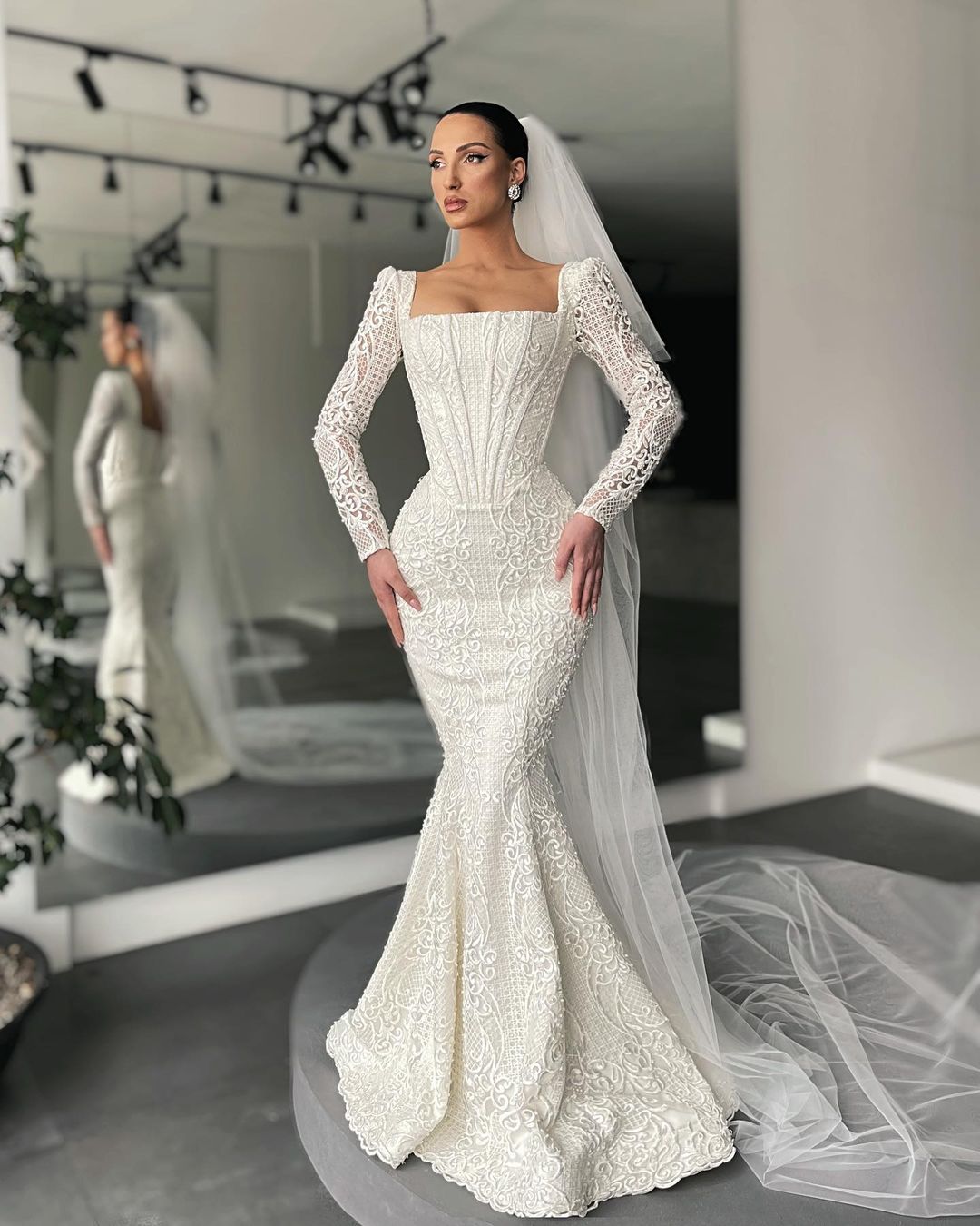 Elegant Lace Mermaid Bridal Gown With Long Sleeves, Square Neckline And Floor-Length Design