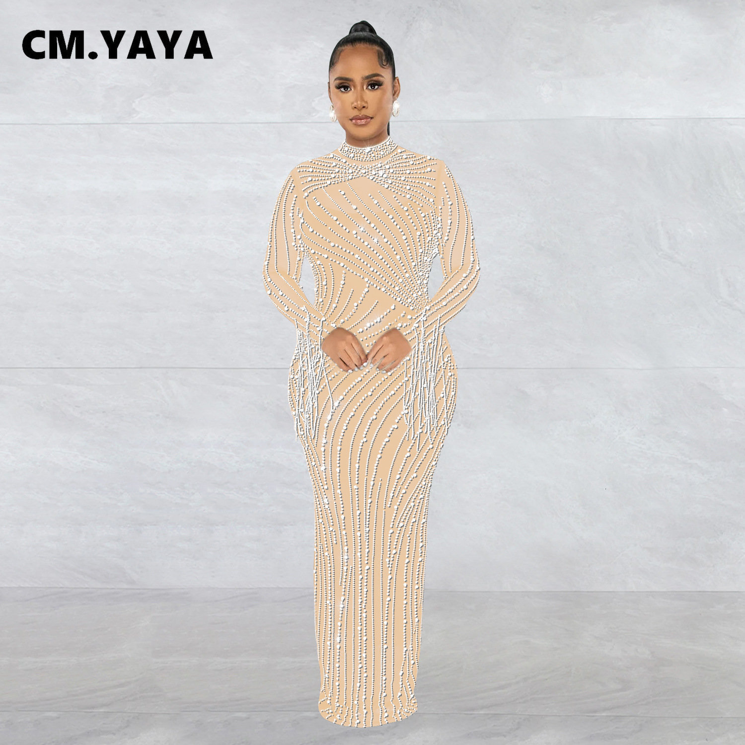 Casual Dresses CM.YAYA Women Mesh Tassel Long Sleeve Diamonds Rhinestones Bodycon Midi Maxi Long Dress and Tank Inner Dresses 2piece Suit 230331