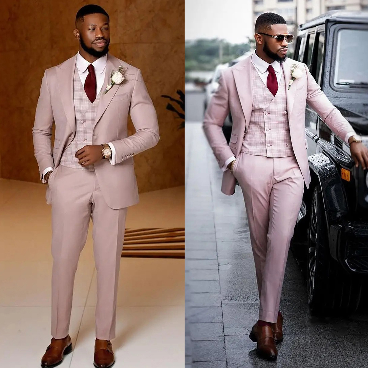 Three Pieces Wedding Tuxedos Men Suits Handsome Solid Color Cell Coat Vest Peaked Lapel Suit One Button Four Packets Customized Multi-scenario Pants P