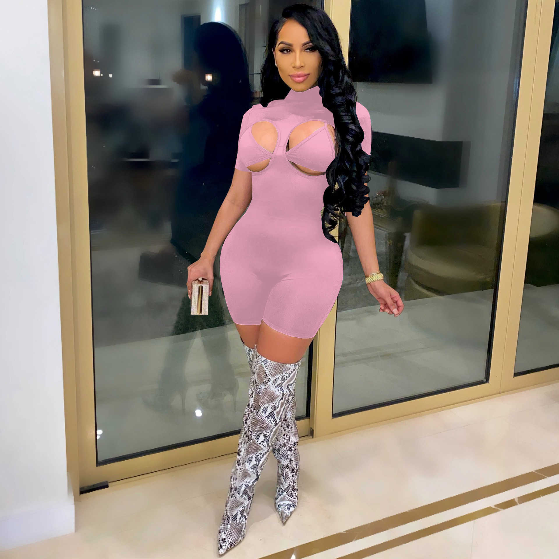 Designer women's spring/summer jumpsuit short sleeved tight underwear round neck high collar wearing short sleeved Jumpsuit