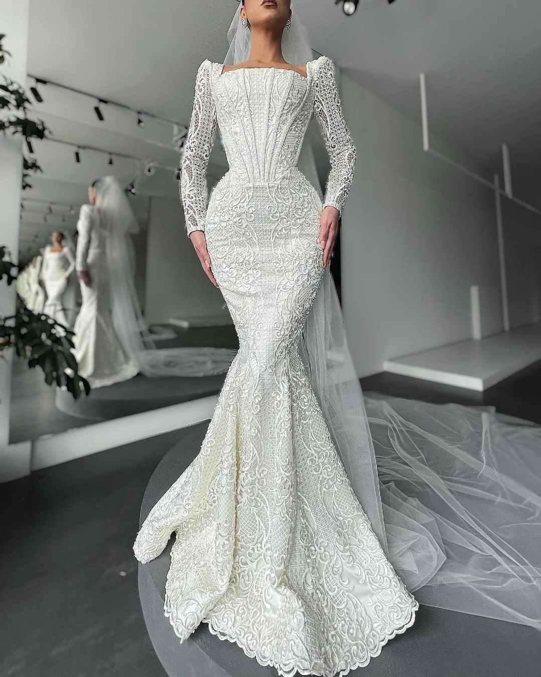 Elegant Lace Mermaid Bridal Gown With Long Sleeves, Square Neckline And Floor-Length Design