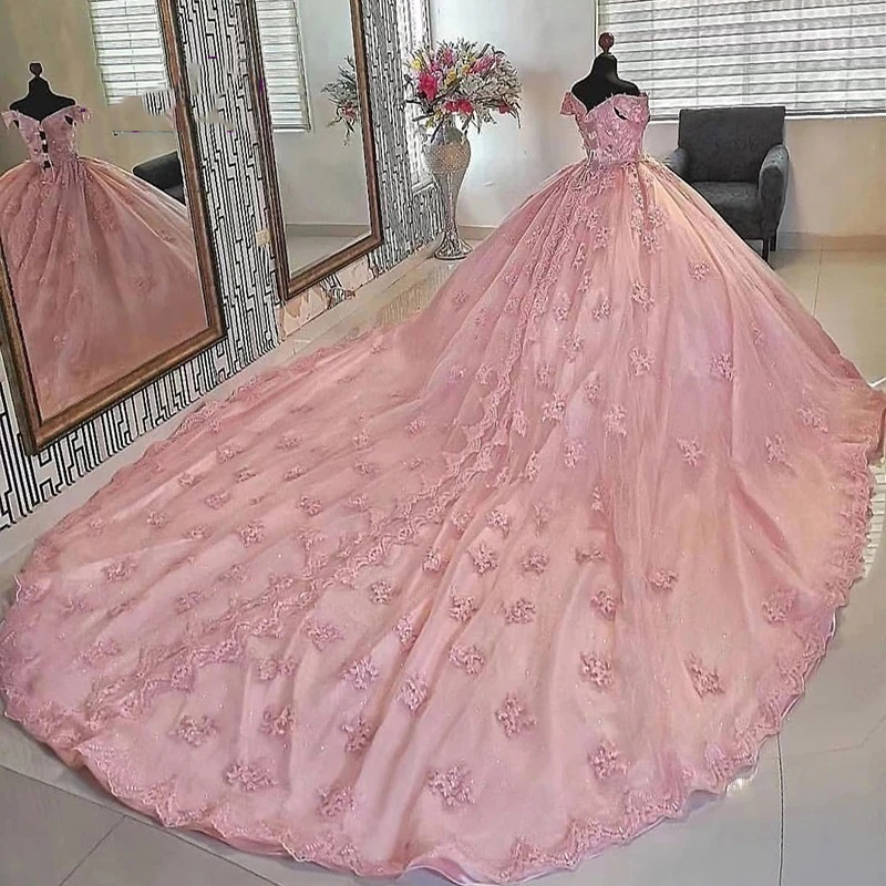 Pink Lace Applique Quinceanera Dresses Ball Gown Off Shoulder Masquerade Mexican Year Old Sixteen Sweet Prom Dress 6660306