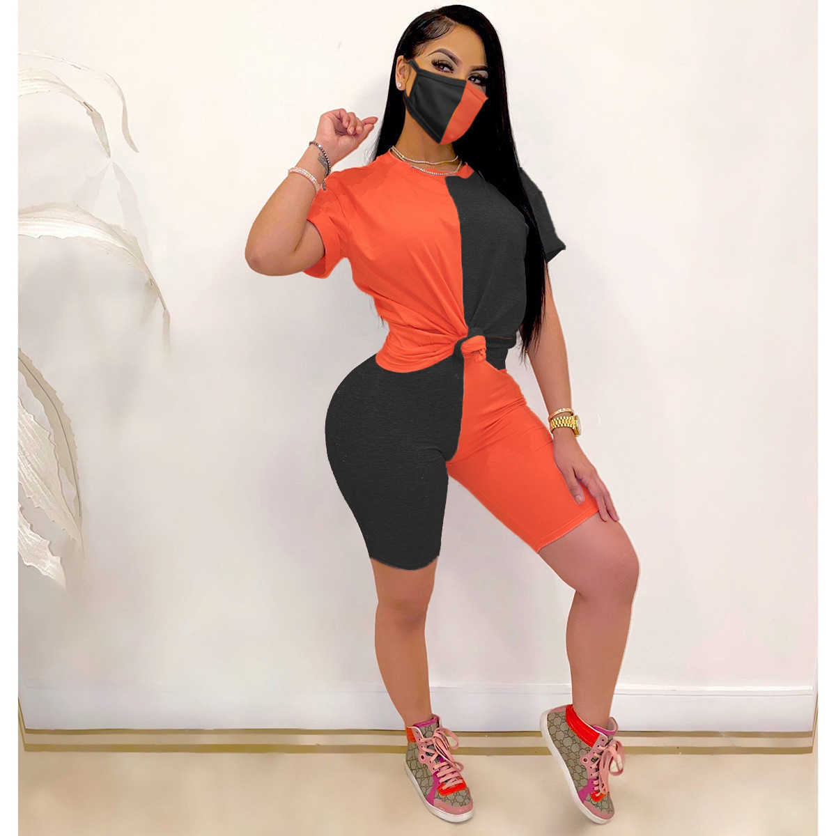 Designer women's spring and summer short sleeve shorts patchwork suit color contrast tight casual suit with mask