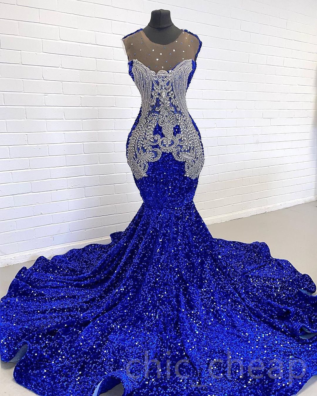 Arabic Royal Ebi Aso Blue Prom Dress Mermaid Sequined Lace Evening Formal Party Second Reception Birthday Engagement Gowns Dresses Robe De Soiree ZJ E